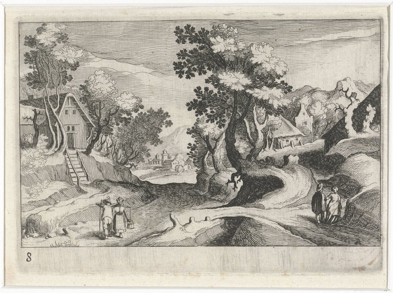 Waldreiche Hügellandschaft mit Gebäuden und Figuren von Simon Frisius