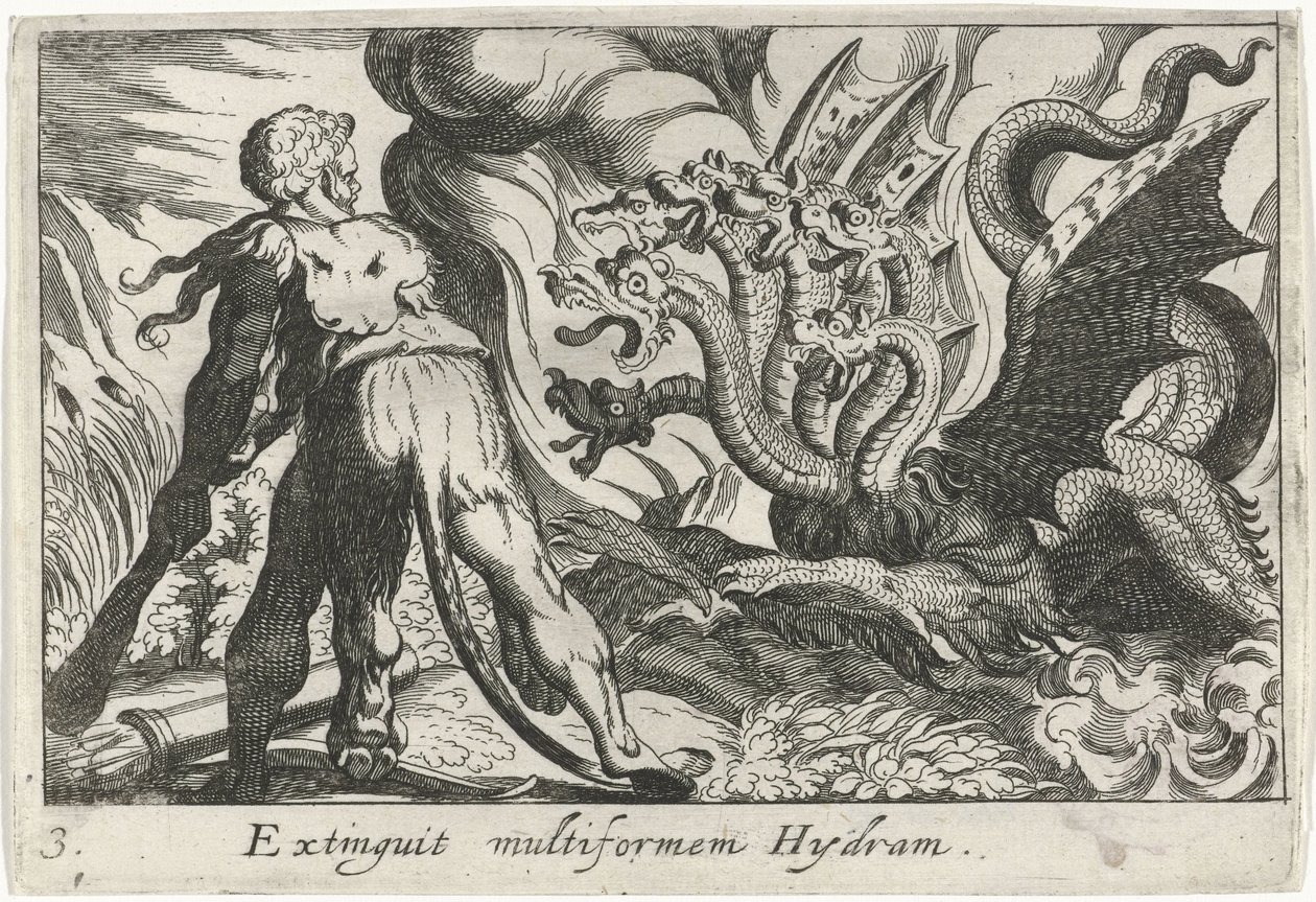 Herkules im Kampf mit der Hydra von Lerna Extinguit multiformen Hydram (Titel auf Objekt) Herculische Themen (Serientitel) von Simon Frisius