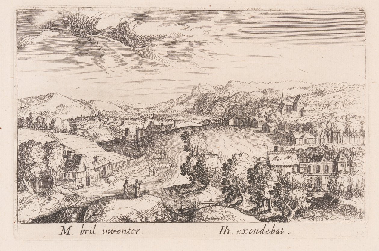 Hügelige Landschaft mit drei Paaren, aus Topographia Variarum Regionum von Simon Frisius