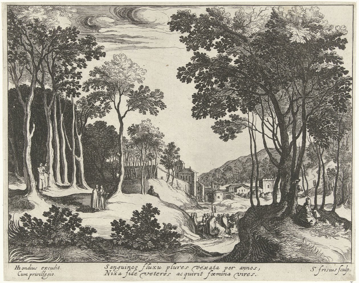 Landschaft mit Christus und der Heilung der blutflüssigen Frau von Simon Frisius