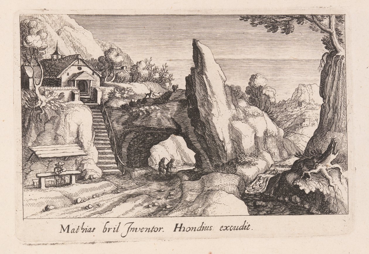 Paar von Figuren, die unter einer Felsenbrücke gehen, aus Topographia Variarum Regionum von Simon Frisius