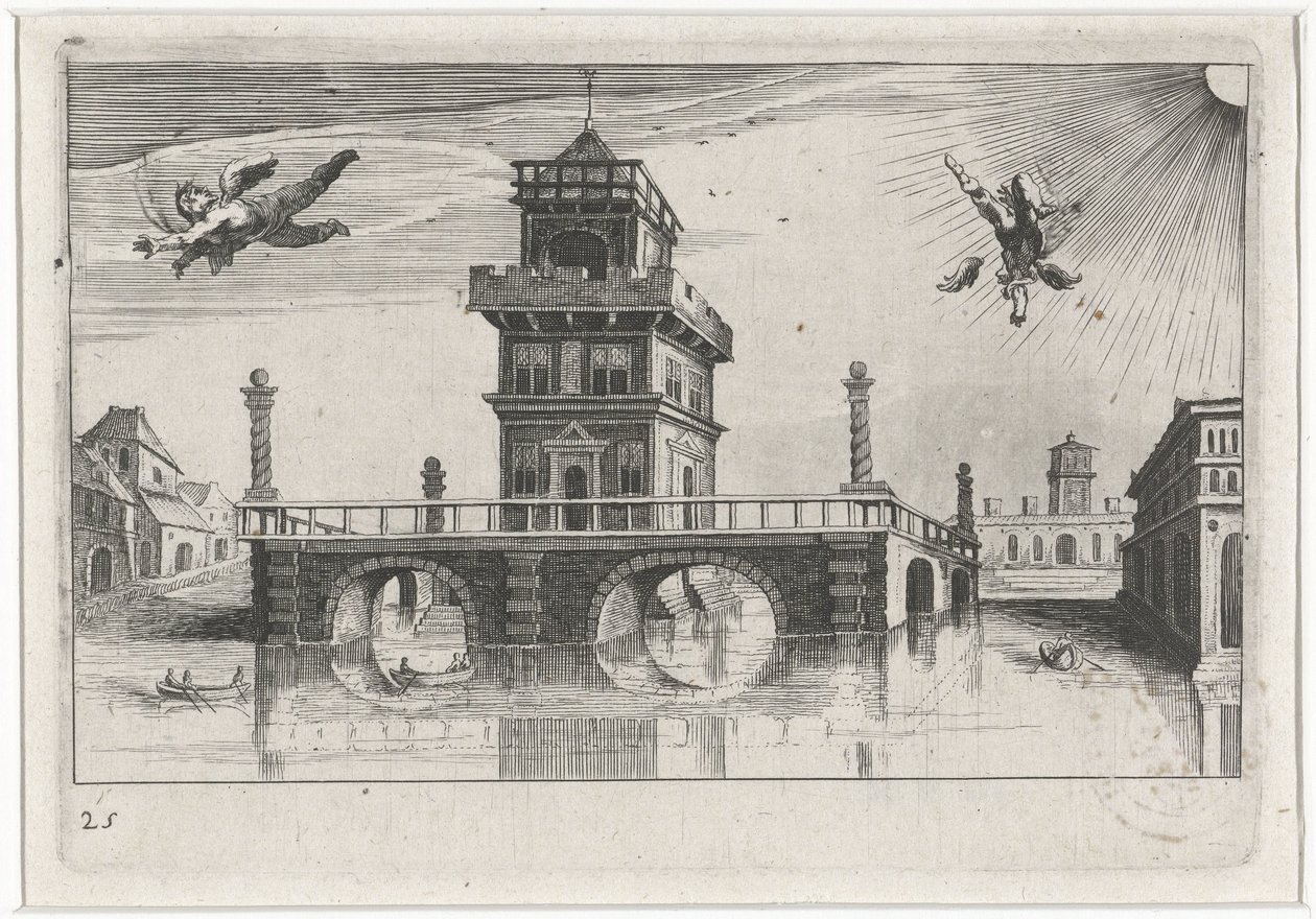 Stadtansicht mit Ikarus und Daedalus von Simon Frisius
