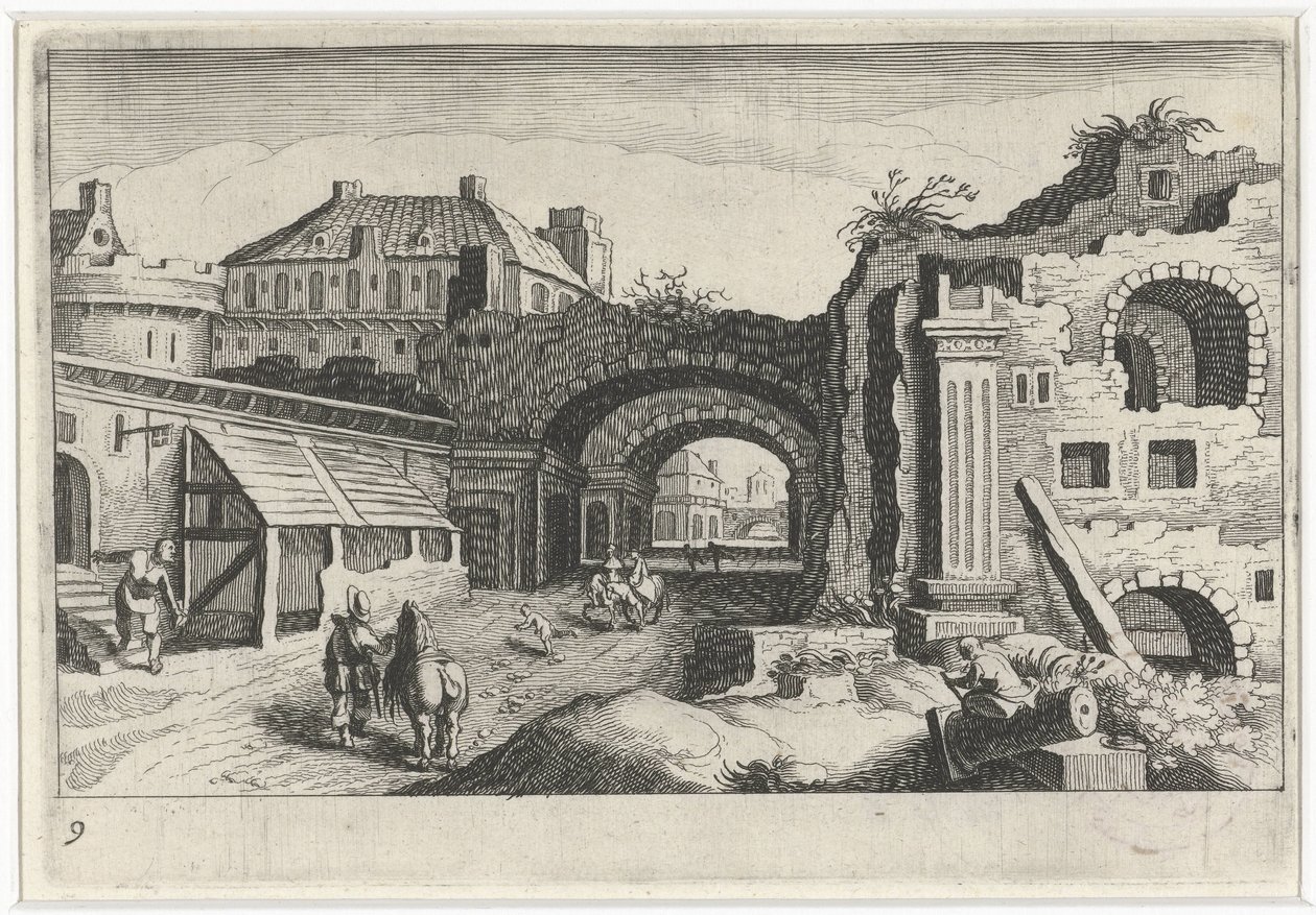 Stadtansicht mit einer Ruine von Simon Frisius