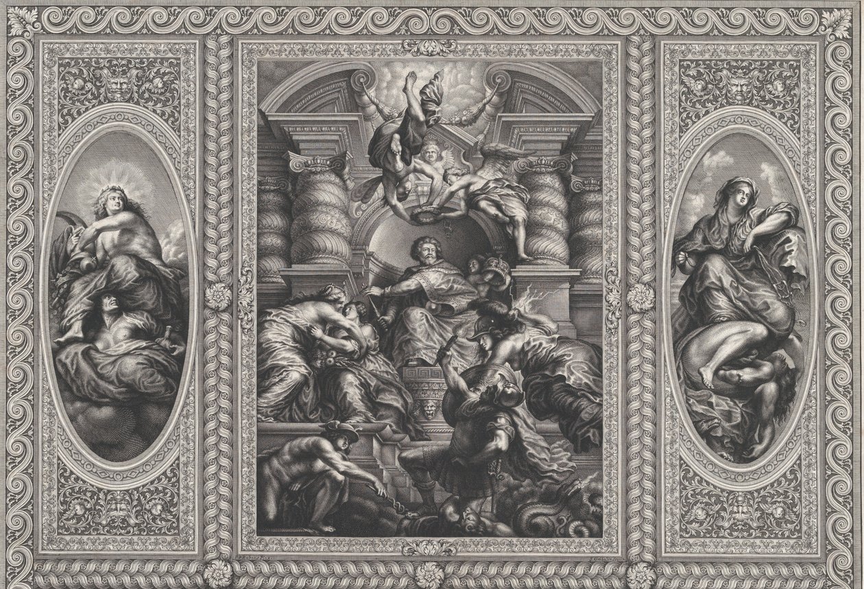 James I ernennt Charles zum König von Schottland in der Mitte, Minerva durchbohrt Unwissenheit rechts, 1720 von Simon Gribelin