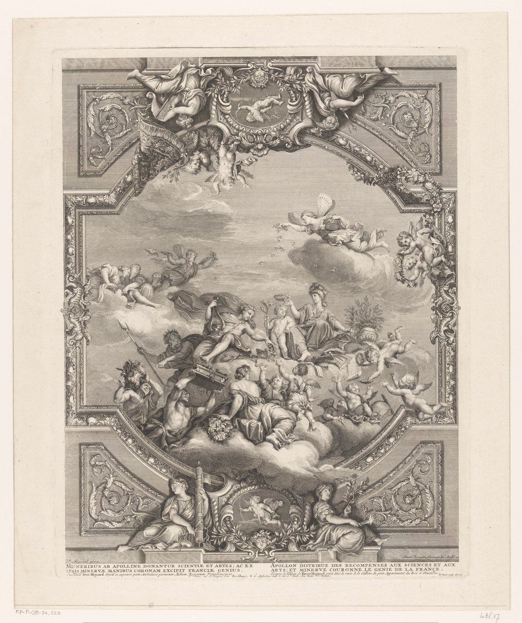 Deckenmalerei in Versailles: Apollo verteilt Belohnungen an Künste und Wissenschaften, Minerva krönt das Genie Frankreichs von Simon Henri Thomassin