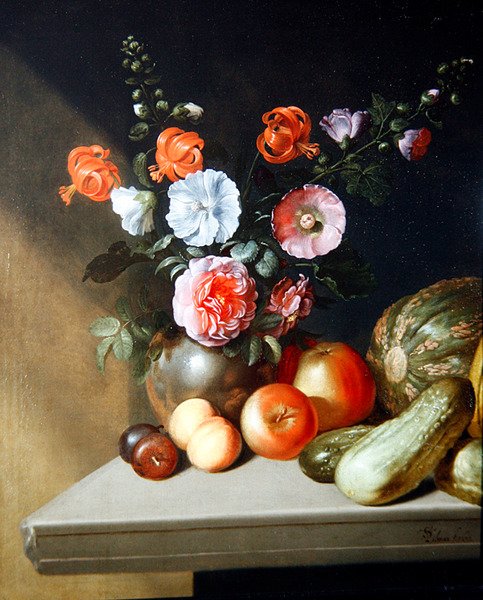 Ein Stillleben mit Rosen, Rittersporn und Lilien von Simon Peter Tilmann