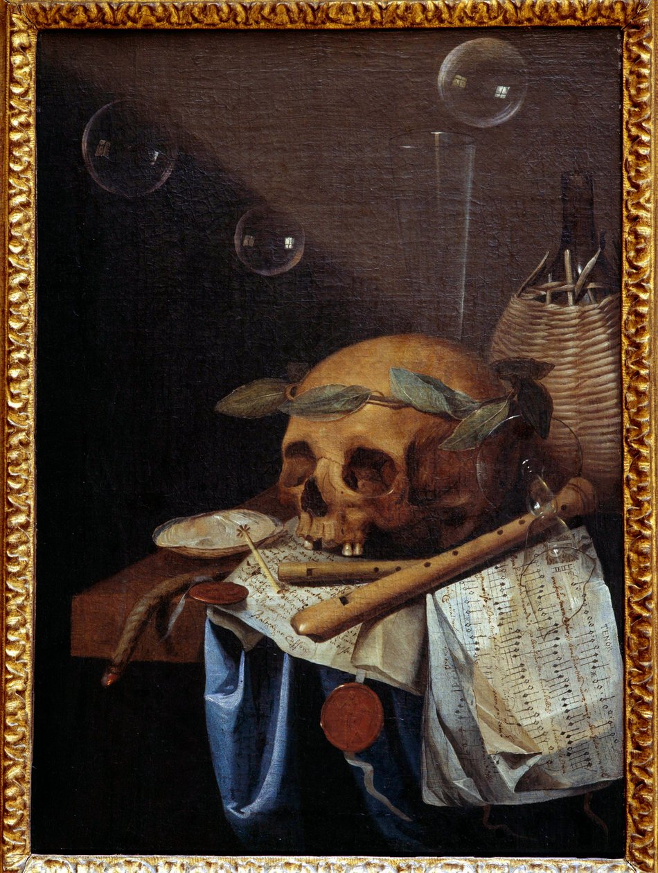 Vanitas-Stillleben mit Schädel, Lorbeerkranz, Flöten, Partitur und Weinkrug von Simon Renard de Saint Andre