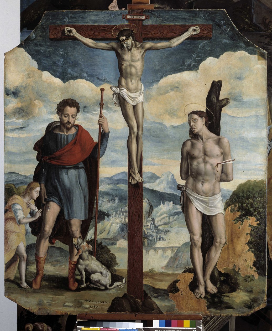 Kreuzigung mit St. Rochus und St. Sebastian von Simon de Châlons
