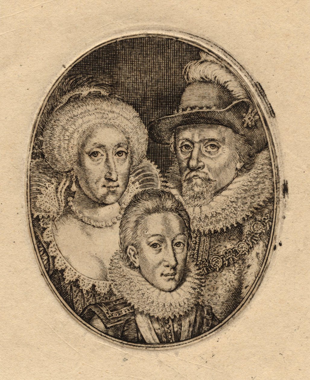 Anne von Dänemark; König Karl I. als Prinz von Wales; König Jakob I. von England und VI. von Schottland von Simon De Passe von Simon van de Passe