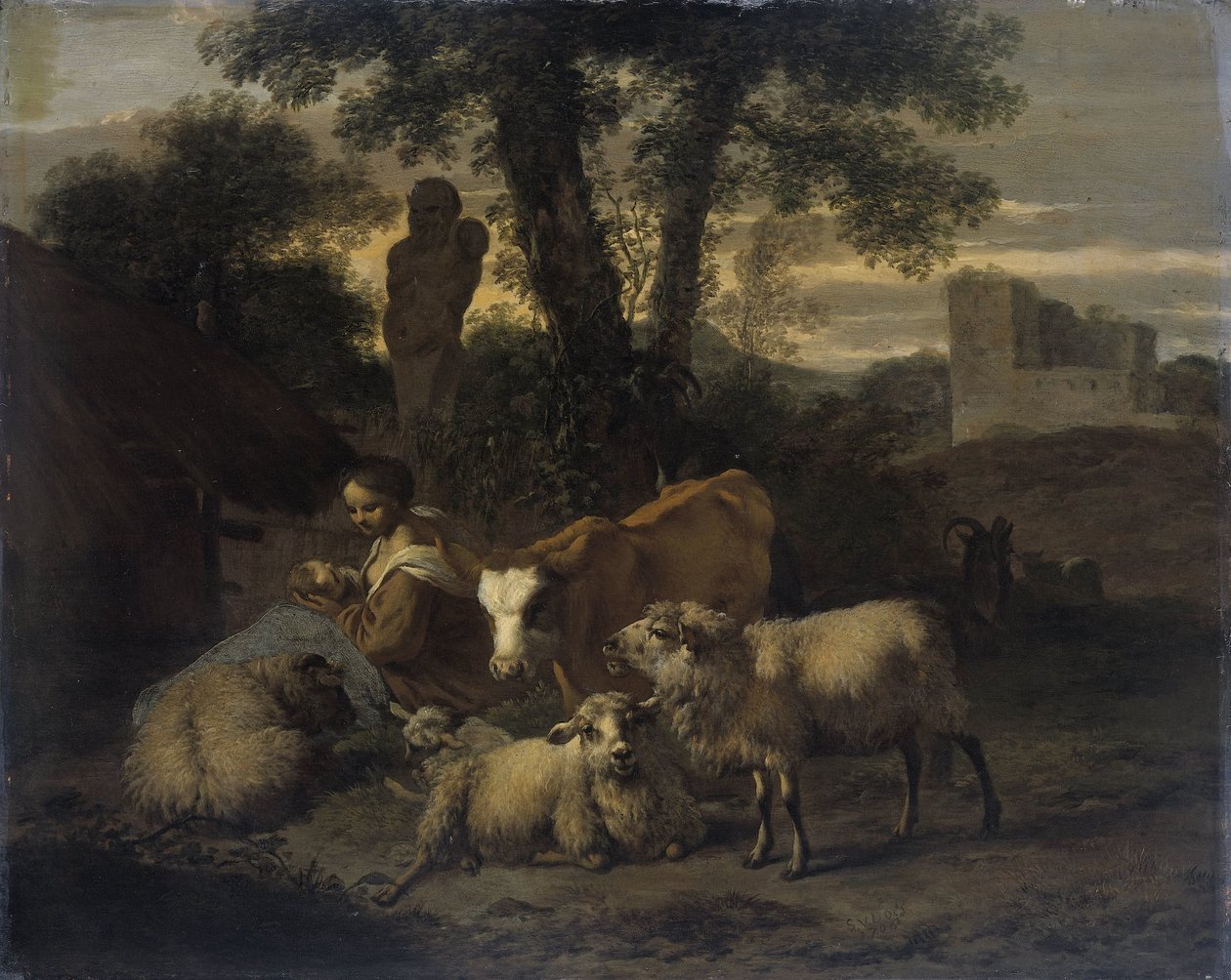 Italienische Landschaft mit Schäferin und Herden von Simon van der Does