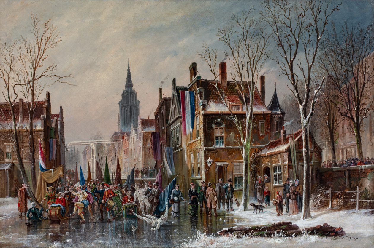 Karnevalsumzug auf einem zugefrorenen Kanal, ca. 1840-60 von Simon van der Ley