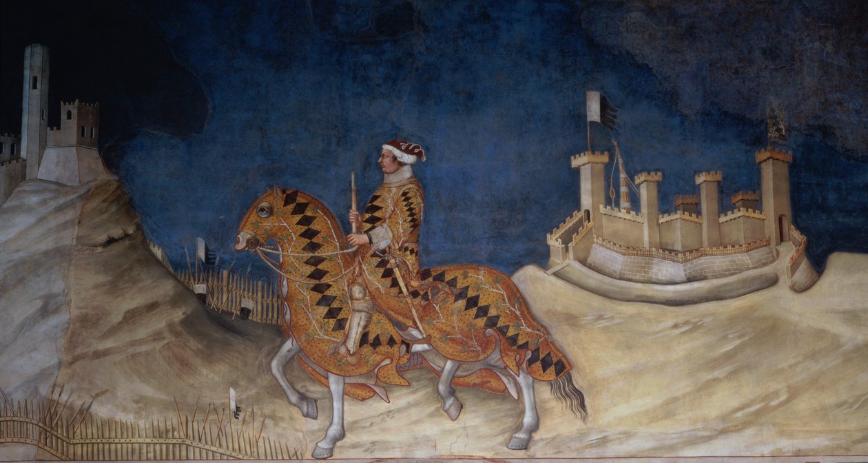 Gedenken an Guidoriccio da Fogliano bei der Belagerung von Montemassi, aus der Sala del Mappamondo, 1328 (Detail) von Simone Martini