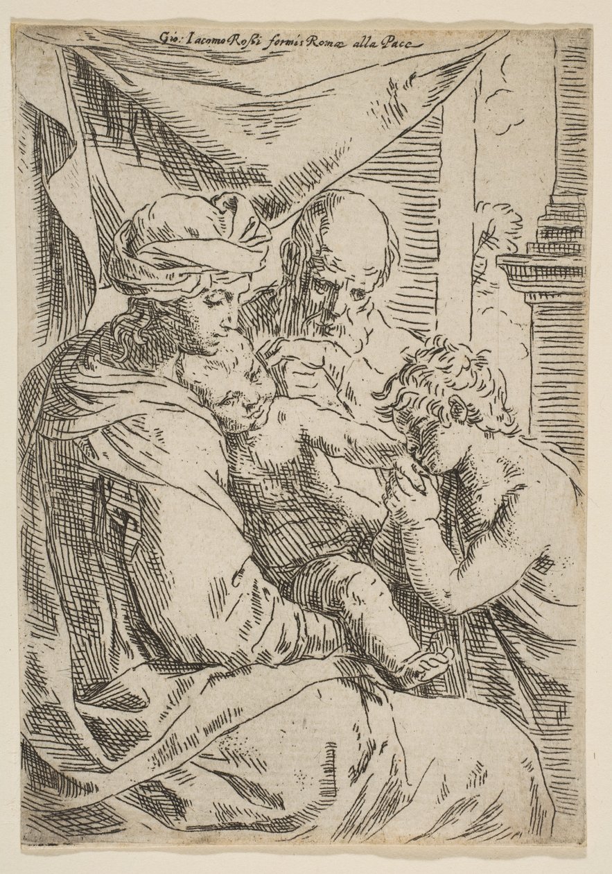 Heilige Familie mit Johannes dem Täufer, der die Hand des Jesuskindes küsst von Simone Cantarini