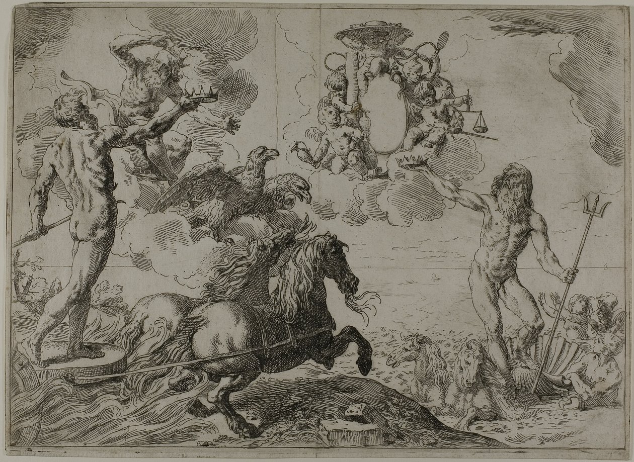 Jupiter, Neptun und Pluto bieten ihre Kronen den Waffen von Kardinal Borghese an von Simone Cantarini