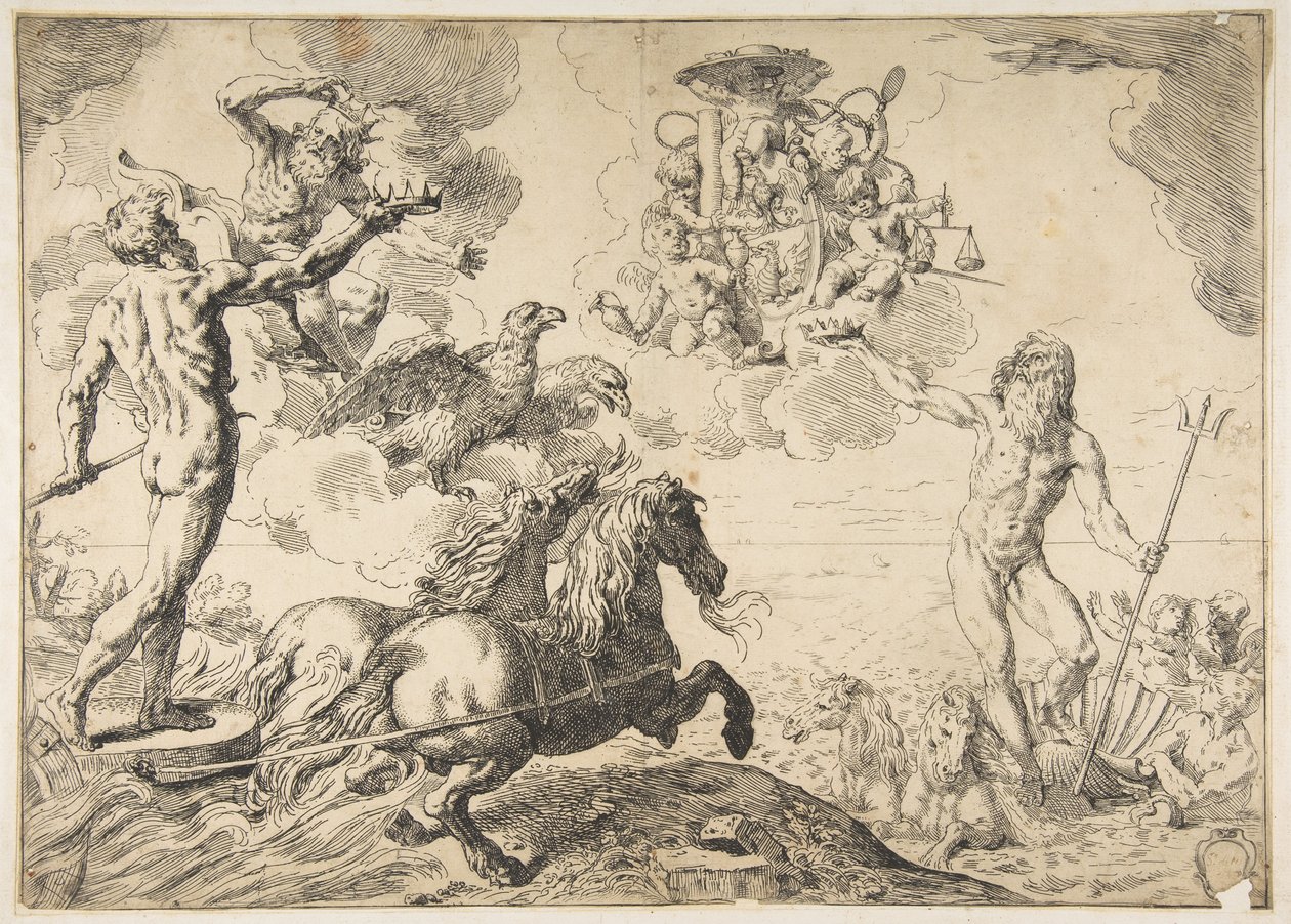 Jupiter, Neptun und Pluto bieten ihre Kronen den Waffen von Kardinal Borghese an, 1642-43 von Simone Cantarini