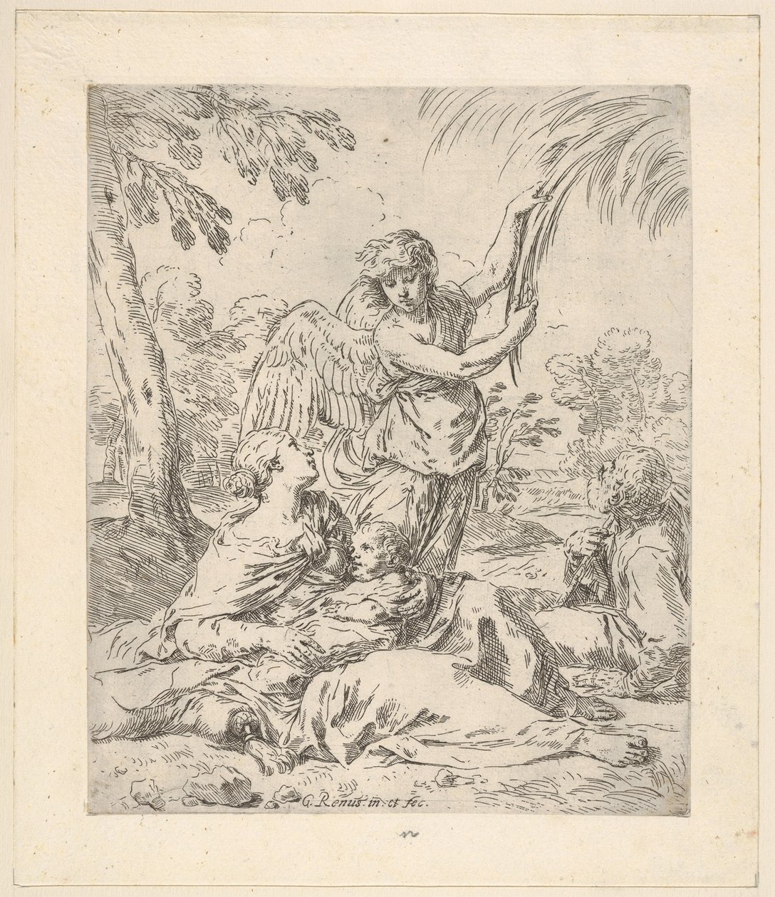 Ruhe in Ägypten, Maria stillt das Christkind, während ein Engel an einem Baum zieht, ca. 1630-1648 von Simone Cantarini