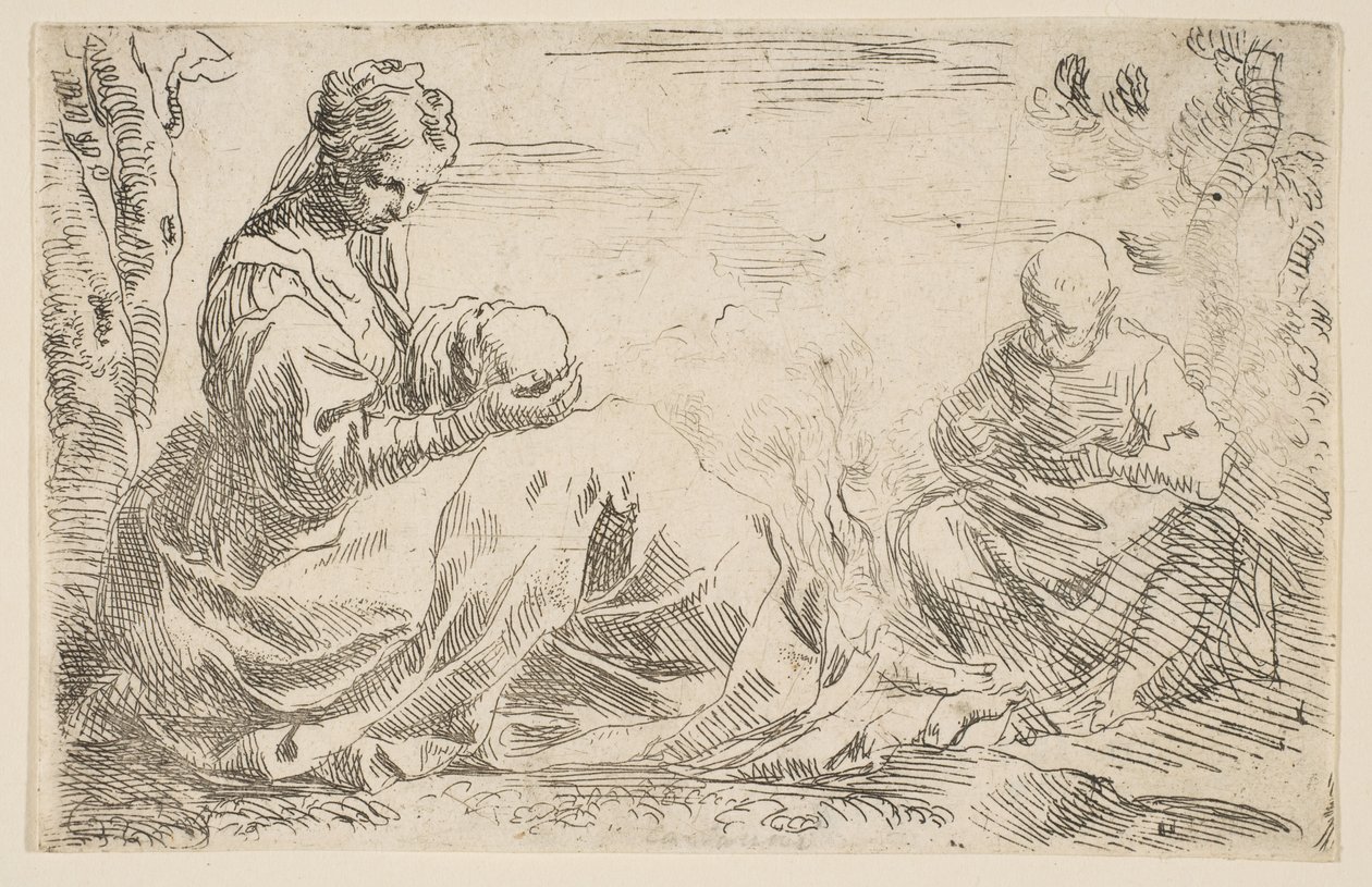 Ruhe auf der Flucht nach Ägypten, Maria hält und schaut auf das Jesuskind, während St...., ca. 1637 von Simone Cantarini