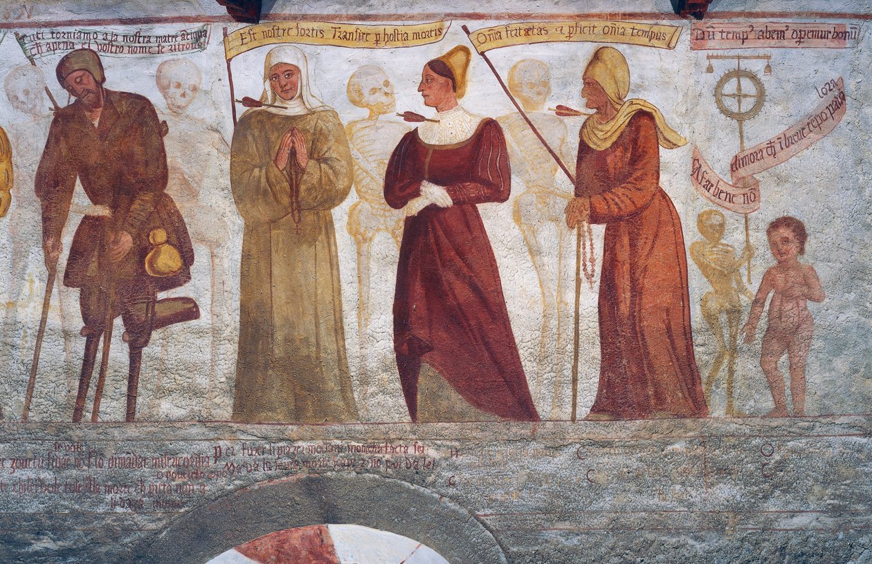 Der Tod mit dem Lahmen, der Nonne, der jungen Frau, der alten Frau und dem Kind, Detail aus dem Totentanz von Simone II Baschenis