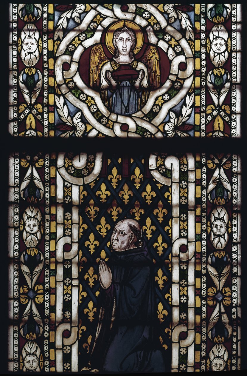 Kardinal Gentil von Montefiore kniet - Glasmalerei von Simone Martini, Basilika von St. Franziskus von Assisi, Unterkirche, Kapelle von St. Louis, Assisi von Simone Martini