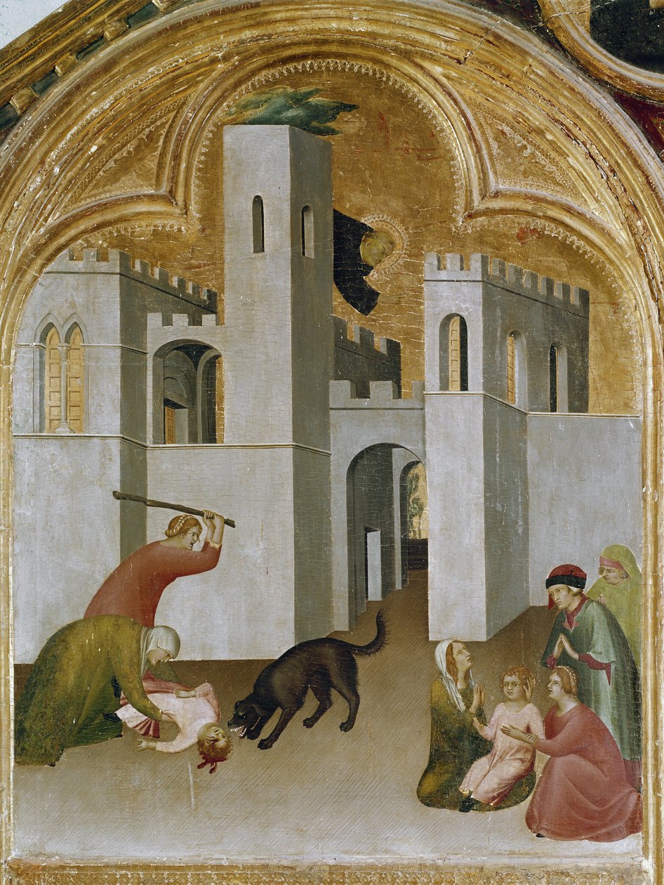 Das Wunder des Kindes, das zwischen den Fängen eines Wolfes gefangen ist. Teil des Triptychons Geschichte des Eremiten von St. Augustinus von Simone Martini