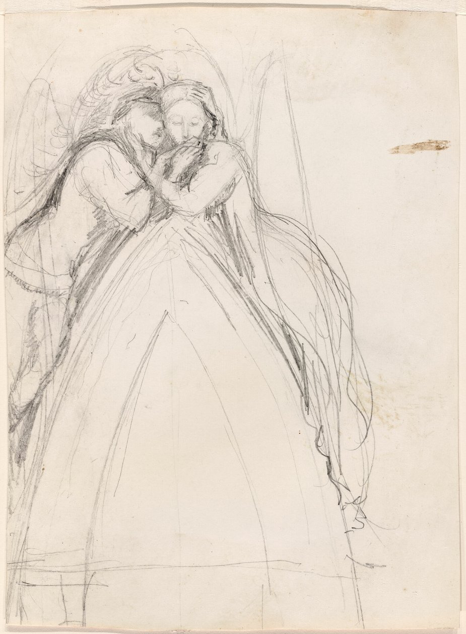 Entwurf für einen gotischen Bogen mit dem Künstler und Effie Ruskin, die sich umarmen (recto); Entwurf für einen gotischen Bogen mit Effie als Engel (verso) von Sir John Everett Millais