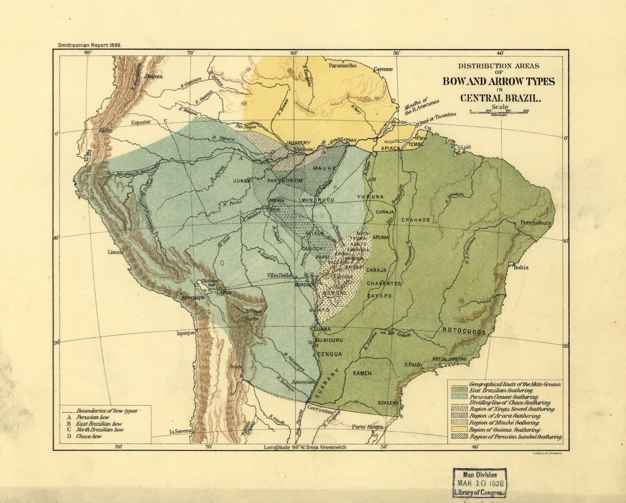 Verbreitungsgebiete für Bogen- und Pfeiltypen in Zentralbrasilien von Smithsonian Institution