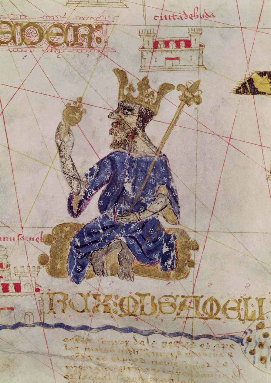 Kankou Mousa, König von Mali, aus der Karte von Karl V., Karte von Mecia de Viladestes, ein Portulan von Europa und Nordafrika, 1413 von Spanish School