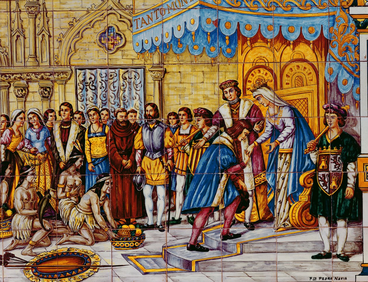 Fliesen, die den Empfang von Christoph Kolumbus durch die katholischen Könige Ferdinand von Aragon und Isabella von Kastilien in Barcelona bei seiner Rückkehr aus Amerika im Jahr 1492 darstellen von Spanish School