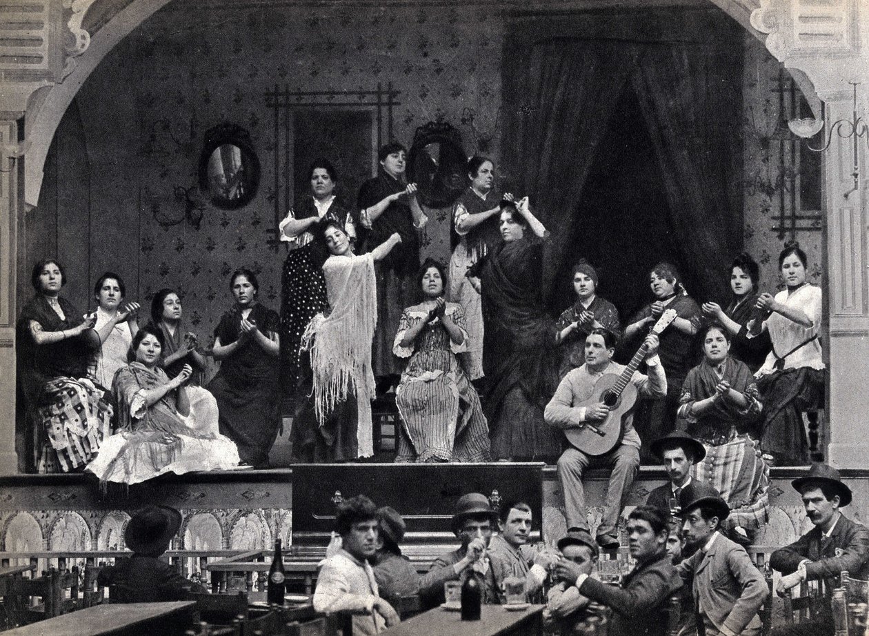 Sevilla, Spanien, Tanz- und Flamenco-Musikszene in einem Café. Fotografie, Ende des 19. Jahrhunderts, von Spanish Photographer