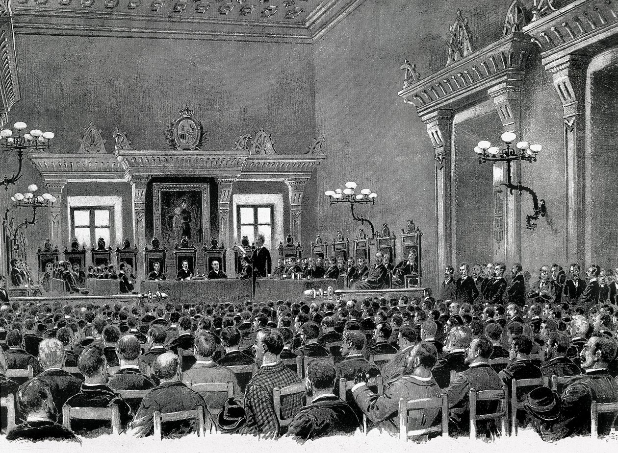 Eine Versammlung katalanischer Nationalisten im Rathaus von Manresa zur Ausarbeitung der 16 Grundlagen für die katalanische Regionalverfassung im Jahr 1892. Zeichnung von Jaume Pahissa. von Spanish School