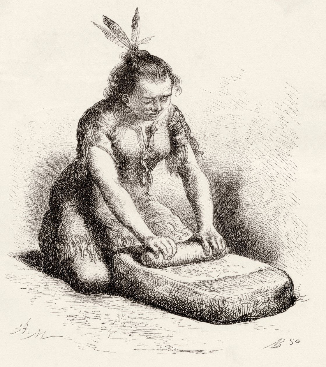 Eine einheimische Guayan-Frau beim Kornmahlen (Gravur) von Spanish School