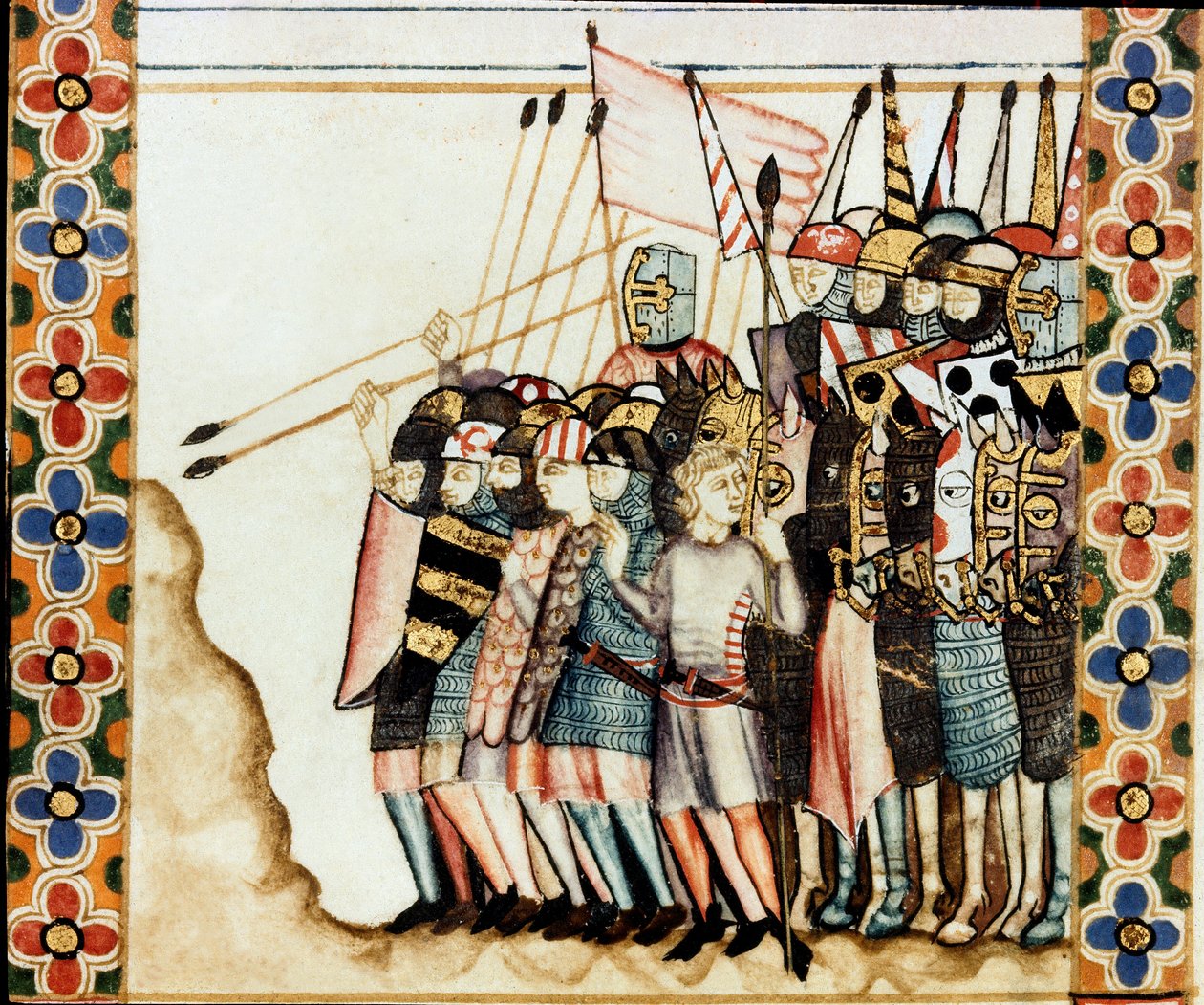 Armee der Kreuzfahrer Detail einer Seite aus einem Manuskript des Liedes von der Heiligen Maria (Cantigas de Santa Maria), dekoriert mit Miniaturen, die der Heiligen Maria und ihren Wundern gewidmet sind, eine Sammlung von Liedern, die unter der Herrschaft von Spanish School