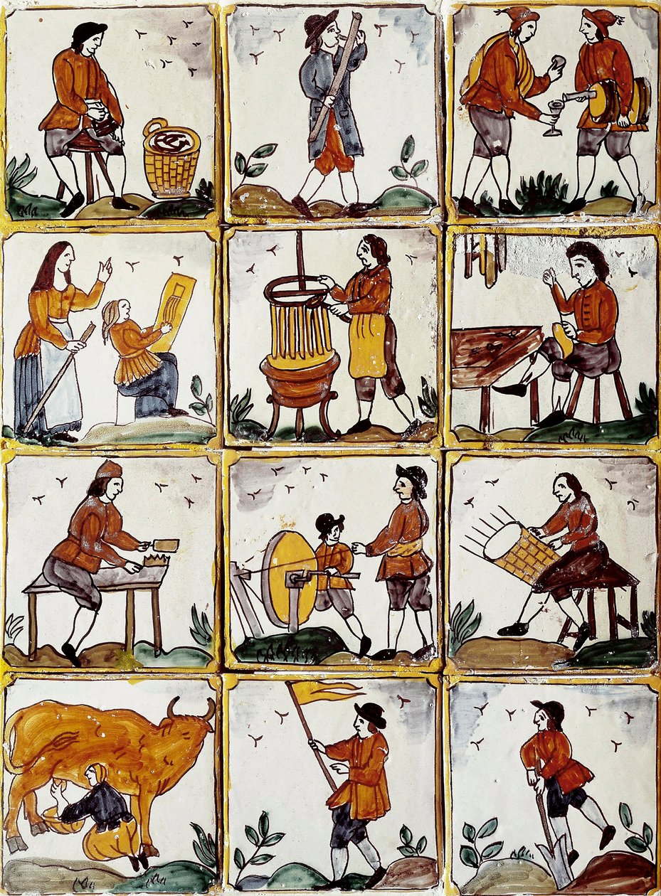 Handwerksberufe: Schuhmacher, Küfer, Korbmacher, Winzer, Zeichnungslehrer, Musiker, Kuhmelken, Schärfer, Bauer, Ebenist. Katalanische Keramikfliesen (Spanien) von Spanish School