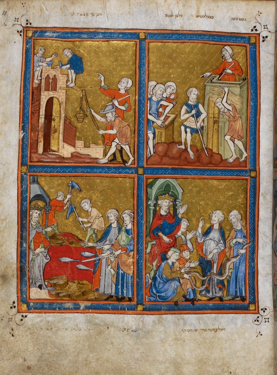 Bau der Städte des Pharao; die Knechtschaft der Israeliten; die Plage des Blutes; Aarons Schlange verschlingt zwei andere von Spanish School