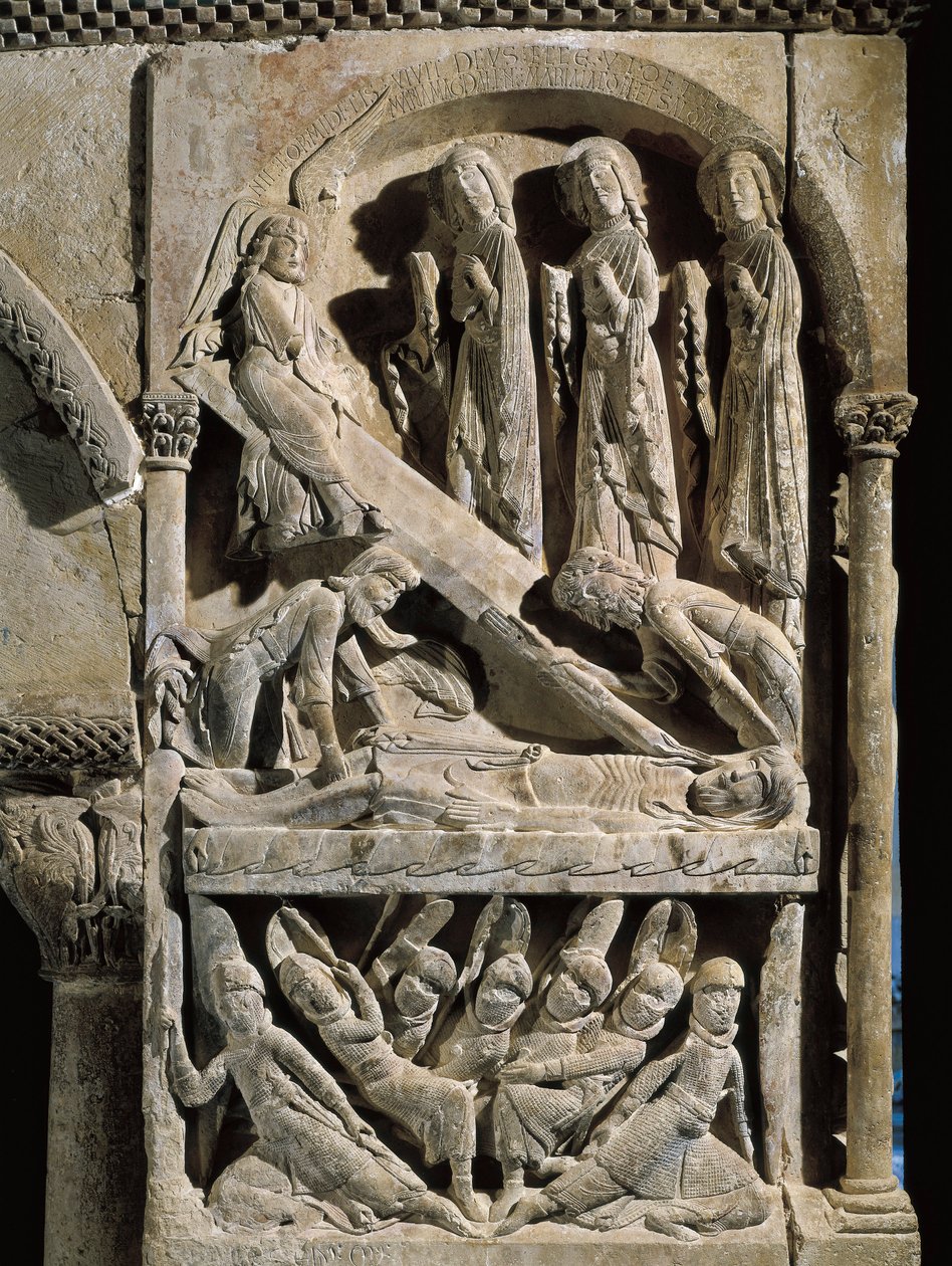 Kreuzabnahme Christi. Skulptur des Meisters von Saint Dominic de Silos (12. Jahrhundert). Relief auf Stein von Spanish School