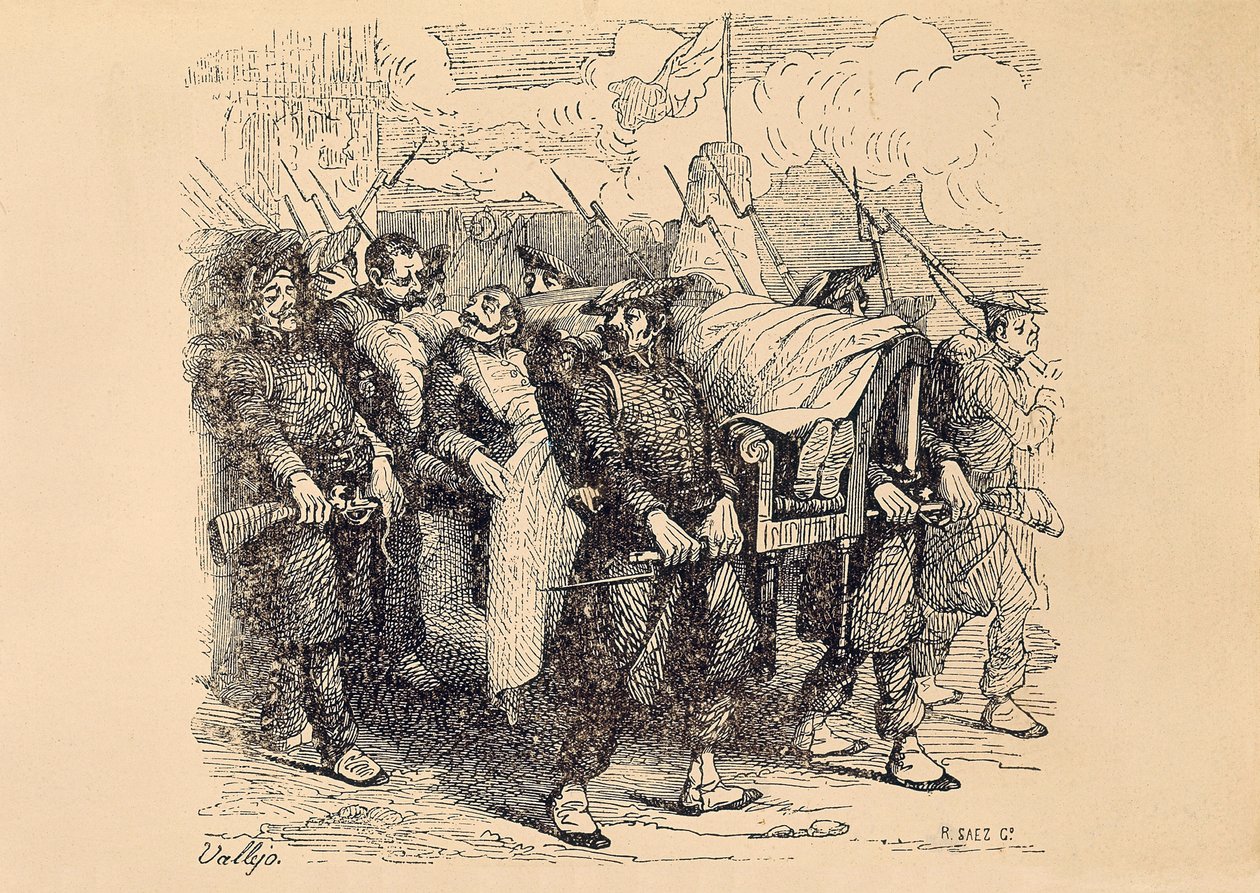 Erster Carlistenkrieg (1833-1840): Carlisten-General Tomas Zumalacarregui (1788-1835) verwundet während der Belagerung von Bilbao von Spanish School