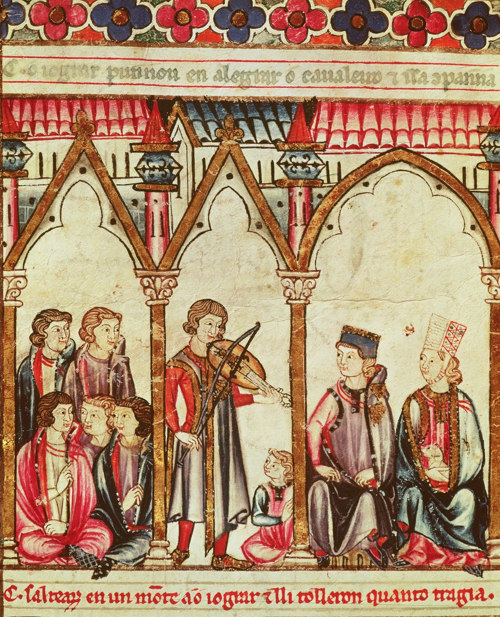 Gruppe von Troubadouren, Illustration aus Cantigas de Santa Maria, erstellt unter der Leitung von Alfons X. (der Weise), König von Kastilien und León (1221-84) von Spanish School