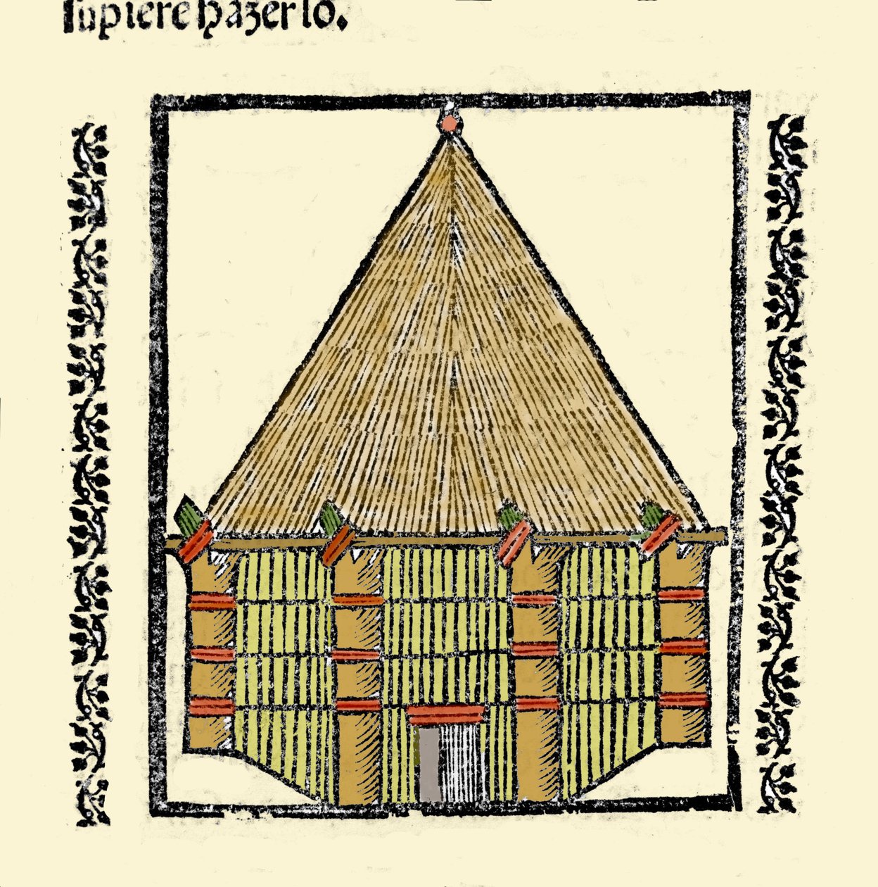 Lebensraum: Beschreibung der Hütte der karibischen Ureinwohner. Gravur aus dem Buch „Historia general de las Indias, islas y tierra firme del mar oceano“ von Gonzalo Fernandez de Oviedo (Gonzalo) oder Fernandez de, oder Hernandez de Oviedo y Valdes (1478-1 von Spanish School