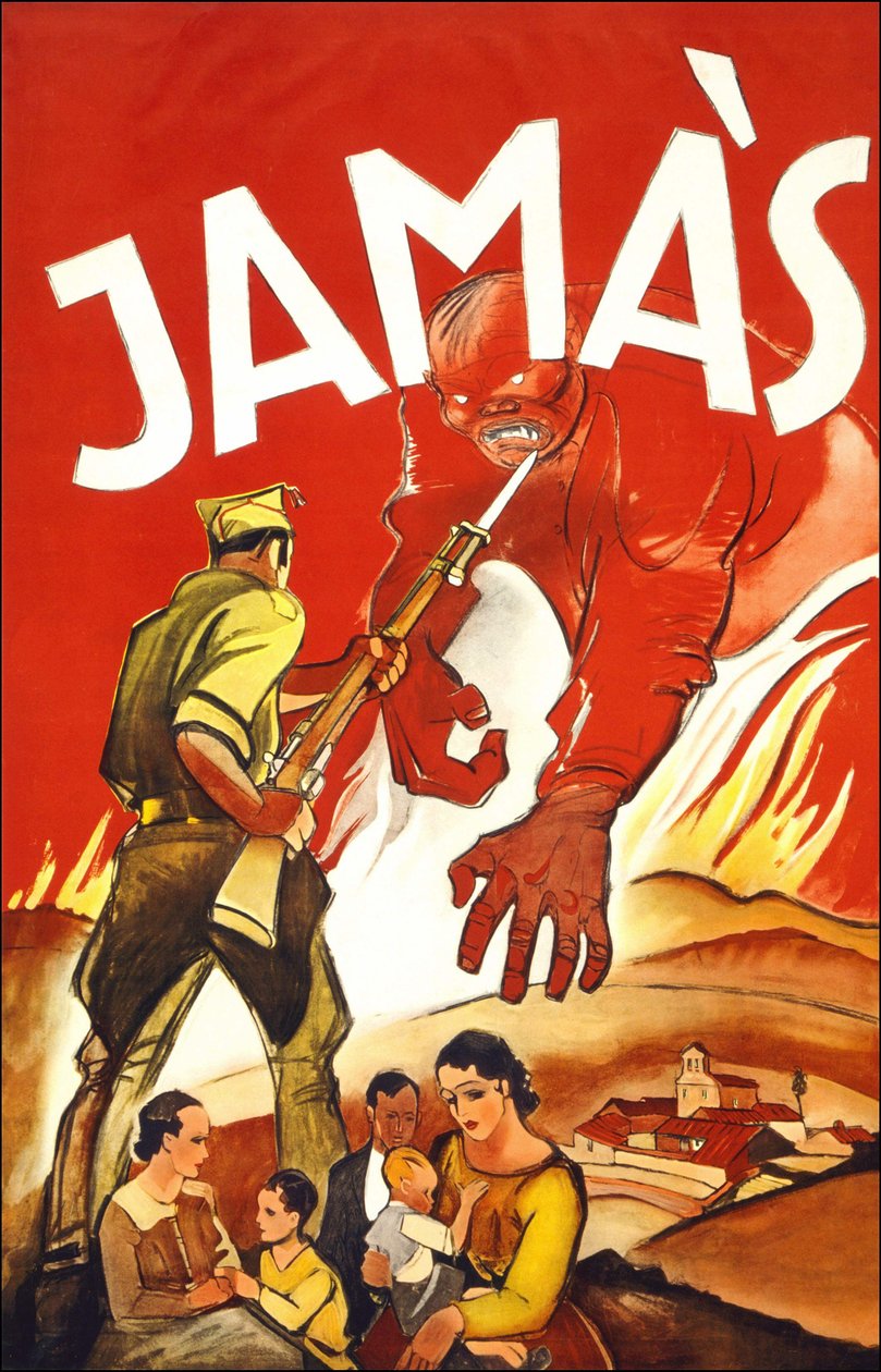 Jamás („Niemals“), Plakat veröffentlicht während des Spanischen Krieges, das einen Soldaten zeigt, der spanische Familien schützt. Zwischen 1936 und 1939 von Spanish School