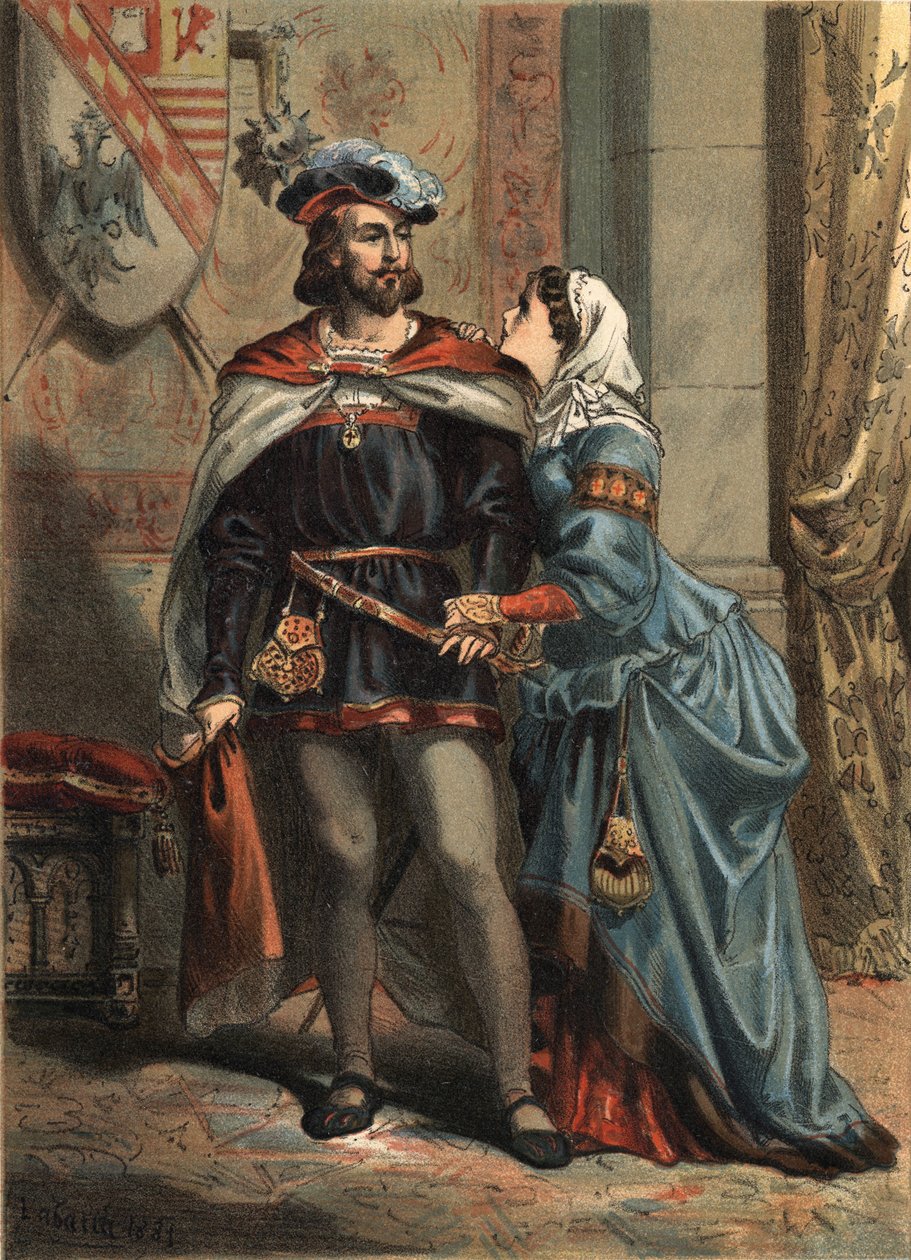 Johanna von Spanien, bekannt als La Folle (1479-1555), Königin von Kastilien und ihr Ehemann Philipp der Schöne (1478-1506), König von Spanien und Erzherzog von Österreich. In „El Culto de la Hermosura“ von Juan Justo Huguet, Molinas Hermanos editores von Spanish School