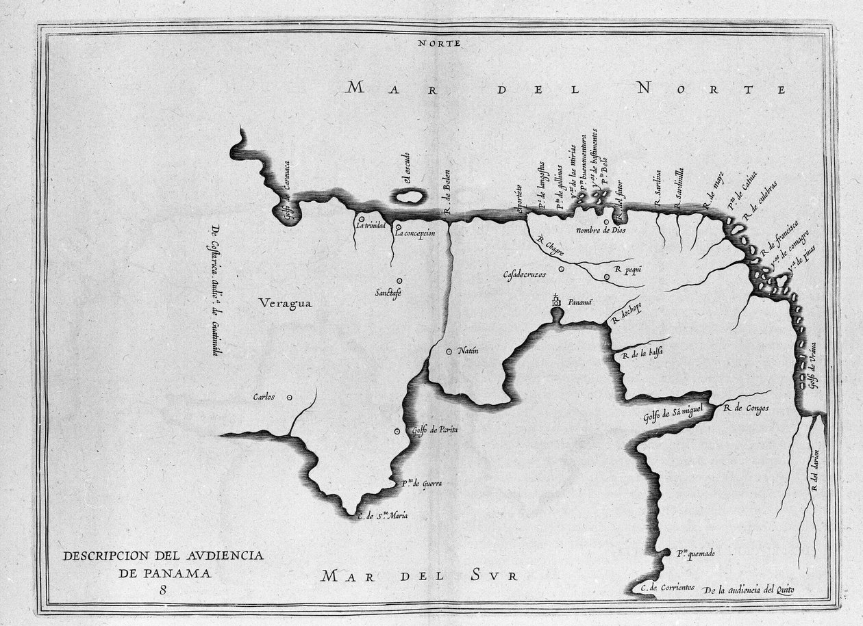 Karte von Mittelamerika (Panama) aus einem spanischen Reiseband aus dem frühen 17. Jahrhundert. Die Karte ist nach der alten Methode ausgerichtet (Nordosten nach Osten) und der Atlantische Ozean wird als Nordsee und der Pazifik als Südsee bezeichnet von Spanish School