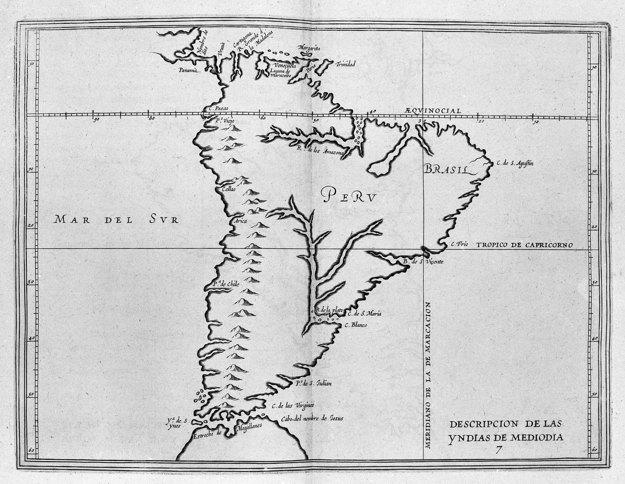 Karte von Meridionale Amerika (Südamerika oder Lateinamerika) aus einem spanischen Reiseband vom Anfang des 17. Jahrhunderts. Der Pazifische Ozean wird als Südsee bezeichnet und die Länder Peru und Brasilien sind benannt sowie die Äquatorlinie. von Spanish School
