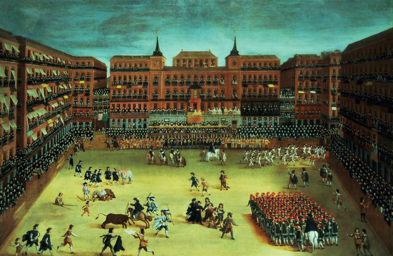 Panorama eines Festes auf der Plaza Mayor in Madrid von Spanish School