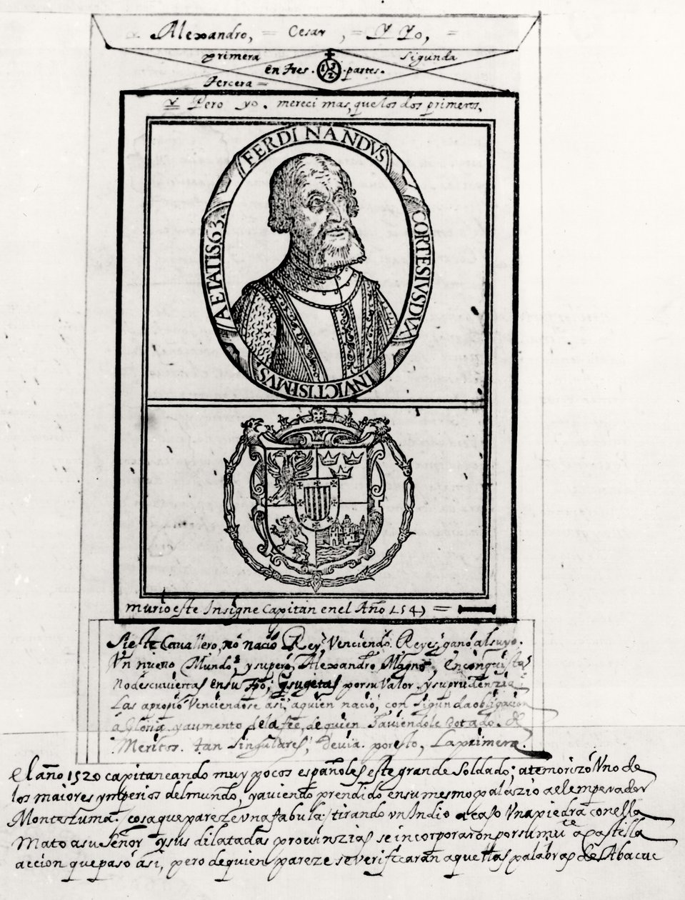 Porträt von Hernando Cortes (1485-1547) und seine Waffen von Spanish School