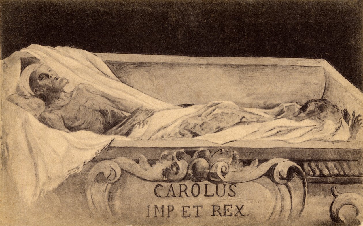 Postkarte der Mumie von Karl V. im Escorial, Madrid (Lithographie) von Spanish School