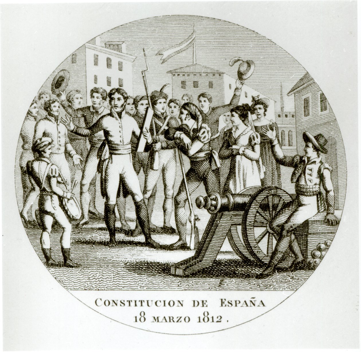 Proklamation der liberalen Verfassung vom 18. März 1812, durch die Patrioten, verkündet in Cádiz durch die Cortes von Spanish School