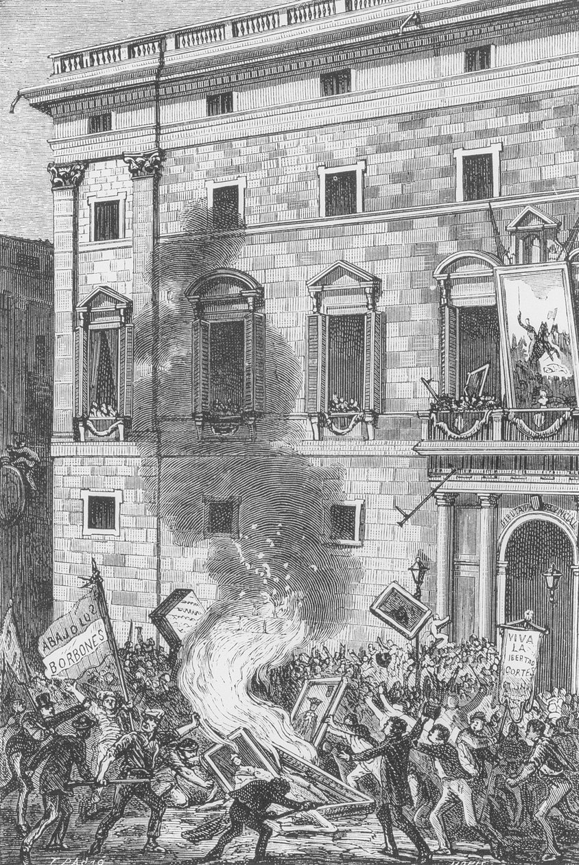 Pueblo de Barcelona verbrennt Porträts der Bourbonen, 1868 von Spanish School