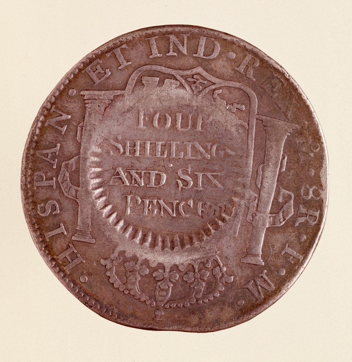 Silbermünze (8 Reales) aus Spanien: Herrschaft von Karl III (1759-1788) 1777 mit Gegenstempel von 1787. Neapel, Museo Archeologico von Spanish School
