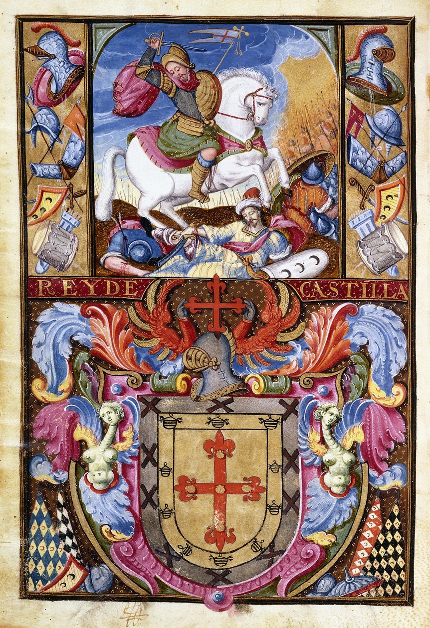 St. Jakobus auf einem weißen Pferd reitend über die Leichen der Mauren und das Wappen der Familie Gomez, 1606 von Spanish School