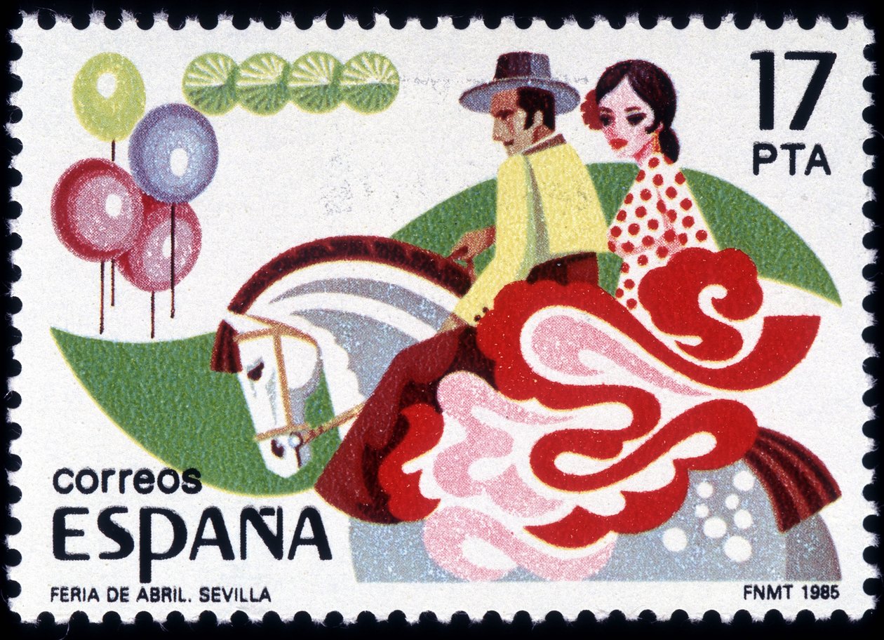 Die Feria von Sevilla: Paar in Tracht zu Pferd - Spanische Briefmarke von Spanish School